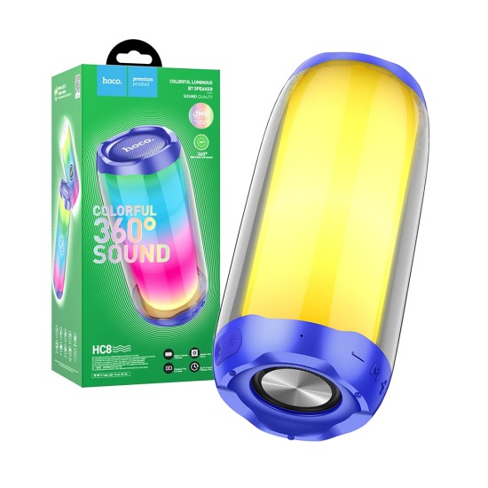 Coluna Sem Fio Luminoso 360° Hoco HC8 Pulsating com AUX/FM/USB BT 1800mAh Azul